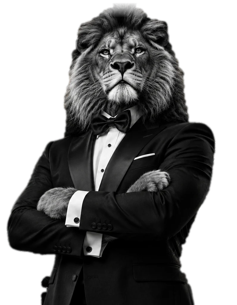Max, the Mogul Data lion, in a black tuxedo with arms crossed